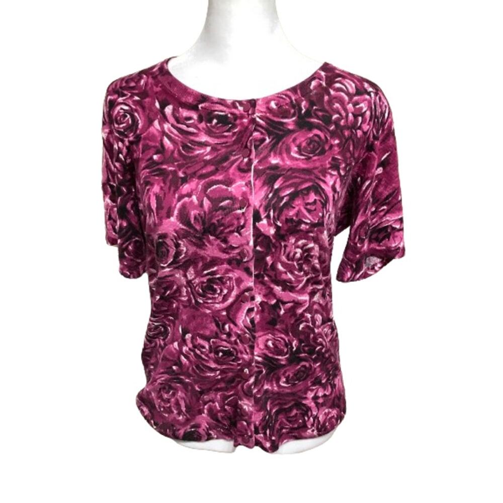 Talbots Red Rose Print Cardigan Size S Petites - Vibrant, Elegant, Layering - Picture 1 of 7